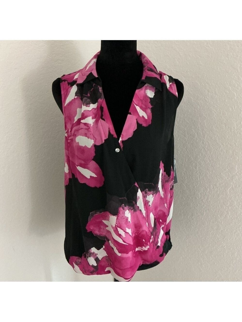 INC Women’s Sleeveless Black Pink Floral Peony Print Blouse M NWT